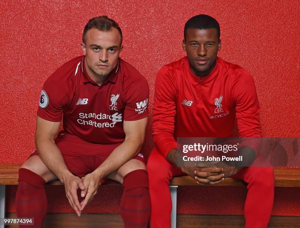 Xherdan Shaqiri with Georginio Wijnaldum of Liverpool before he signs for Liverpool at Melwood Training Ground on July 13, 2018 in Liverpool, England.