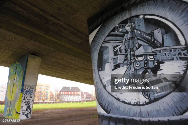 Mural painting and graffitis in the suburbs of Gdansk, which express the worry of Polish about the political situation and the Europe in Gdansk on...