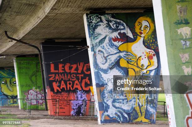 Mural painting and graffitis in the suburbs of Gdansk, which express the worry of Polish about the political situation and the Europe in Gdansk on...