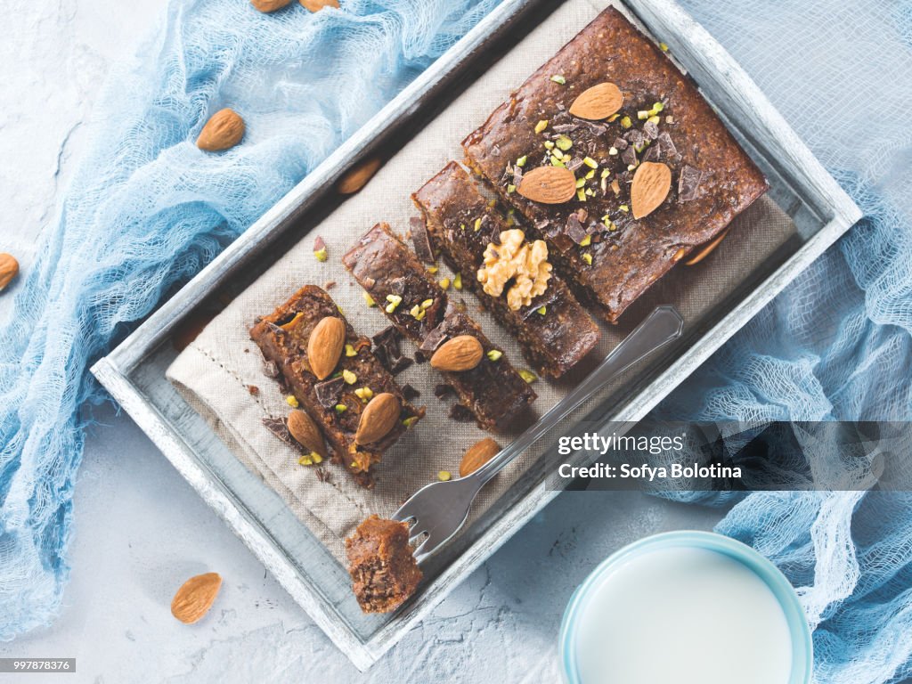 Chocolate cake for cozy breakfast. Top view