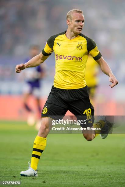 Sebastian Rode of Borussia Dortmund in action during a friendly match against Austria Wien at the Generali Arena on July 13, 2018 in Vienna, Austria.