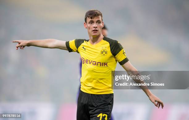 Sergio Gomez of Borussia Dortmund in action during a friendly match against Austria Wien at the Generali Arena on July 13, 2018 in Vienna, Austria.