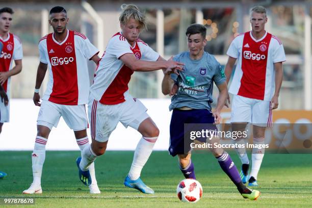 Kasper Dolberg of Ajax, Yevhenii Makarenko of Anderlecht during the Club Friendly match between Ajax v Anderlecht at the Olympisch Stadion on July...