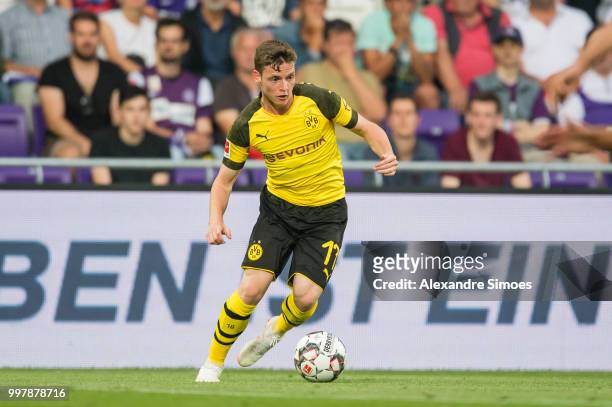 Sergio Gomez of Borussia Dortmund in action during a friendly match against Austria Wien at the Generali Arena on July 13, 2018 in Vienna, Austria.