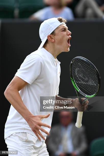 Jack Draper of Great Britain celebrates during his Boy's Singles semi-final match against Nicolas Mejia of Colombia on day eleven of the Wimbledon...