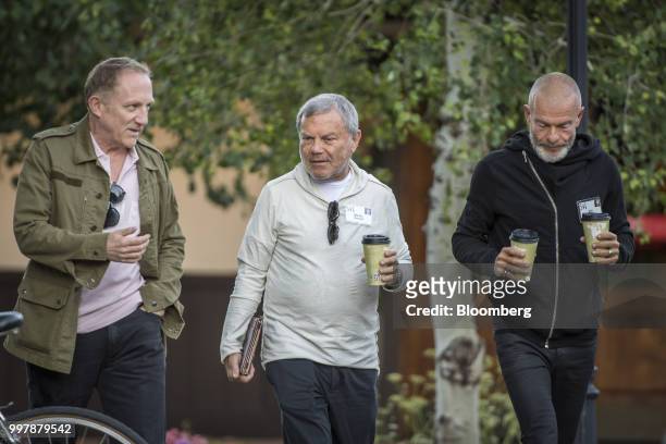 Francois-Henri Pinault, chief executive officer of Kering SA, from left, Martin Sorrell, Founder & Former CEO of WPP Plc, and Vivi Nevo, venture...