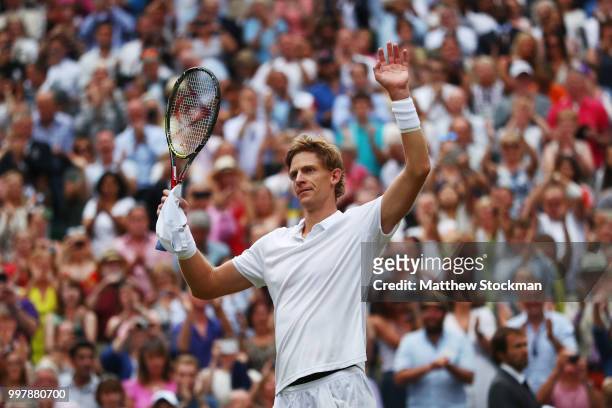 Kevin Anderson of South Africa celebrates his victory over John Isner of The United States after their Men's Singles semi-final match on day eleven...