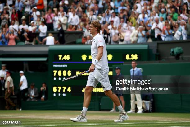 Kevin Anderson of South Africa reacts to winning match point against John Isner of The United States during their Men's Singles semi-final match on...