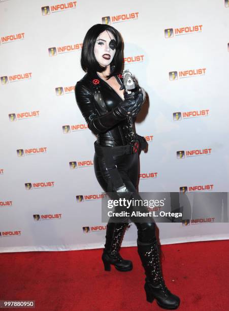 Cosplayers Kirsten Armoredheart as Domino arrives for the INFOLIST.com's Annual Pre-Comic-Con Party held at OHM Nightclub on July 12, 2018 in...