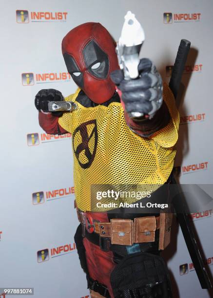 Cosplayer Joe Palone as Deadpool arrives for the INFOLIST.com's Annual Pre-Comic-Con Party held at OHM Nightclub on July 12, 2018 in Hollywood,...