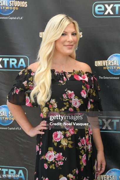 Tori Spelling visits "Extra" at Universal Studios Hollywood on July 13, 2018 in Universal City, California.