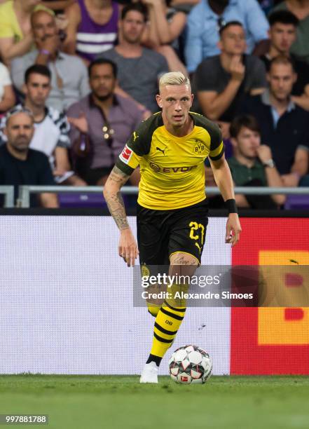 Marius Wolf of Borussia Dortmund in action during a friendly match against Austria Wien at the Generali Arena on July 13, 2018 in Vienna, Austria.