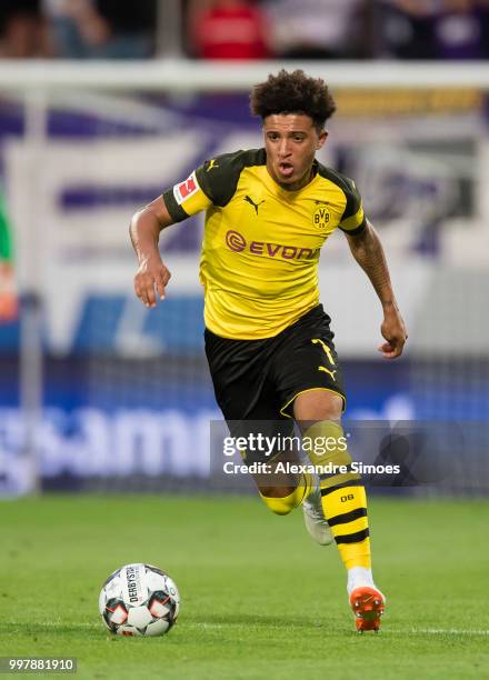 Jadon Sancho of Borussia Dortmund in action during a friendly match against Austria Wien at the Generali Arena on July 13, 2018 in Vienna, Austria.
