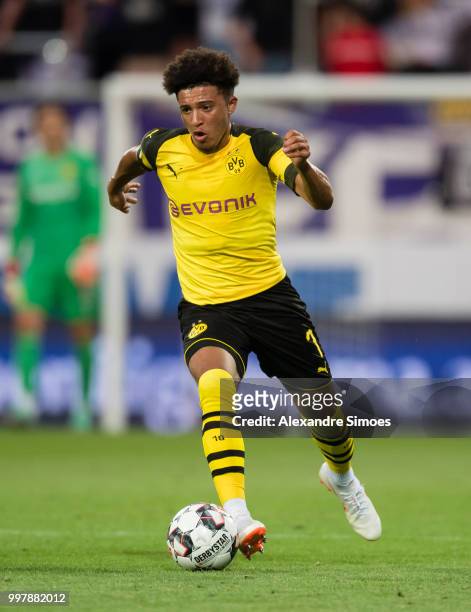 Jadon Sancho of Borussia Dortmund in action during a friendly match against Austria Wien at the Generali Arena on July 13, 2018 in Vienna, Austria.