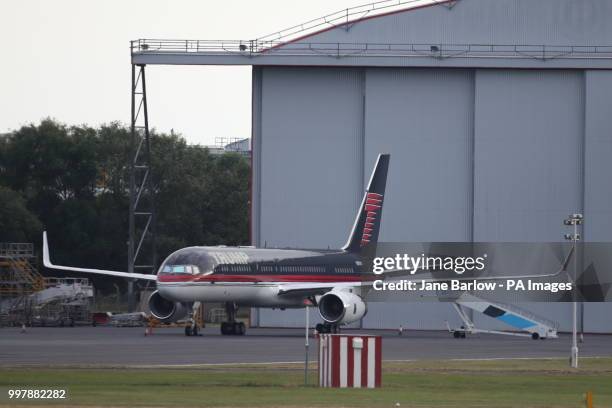 Donald Trump's private jet, a Boeing 757 nicknamed Trump Force One, at Prestwick airport in Ayrshire ahead of the arrival of the US President on Air...