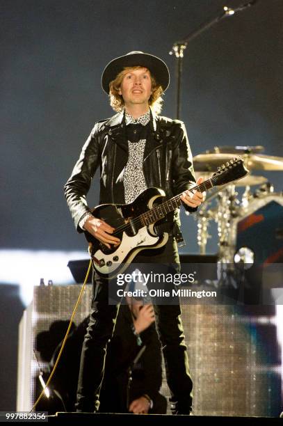 Beck performs onstage at the mainstage at The Plains of Abraham in The Battlefields Park headlining day 8 of the 51st Festival d'ete de Quebec on...