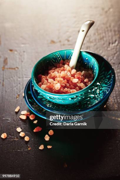 himalayan pink salt crystals in authentic bowl - dijon mustard stock pictures, royalty-free photos & images