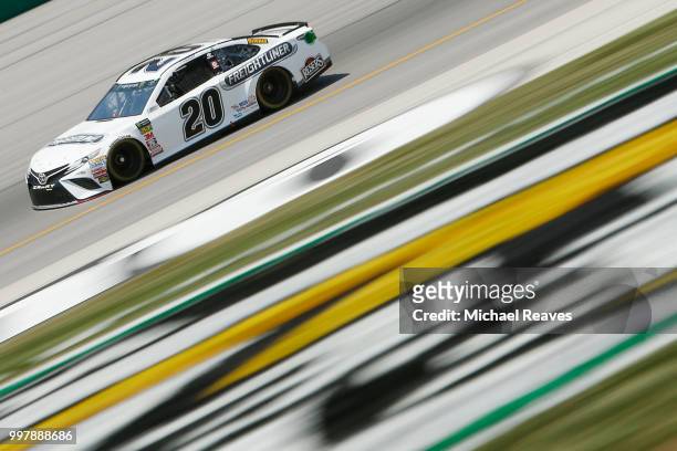 Erik Jones, driver of the Freightliner Toyota, practices for the Monster Energy NASCAR Cup Series Quaker State 400 presented by Walmart at Kentucky...