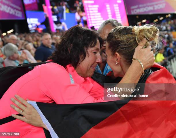 Carolin Schaefer of Germany celebrates her silver medal after the women's 800 metres track of the hepathlon at the IAAF World Championships in...