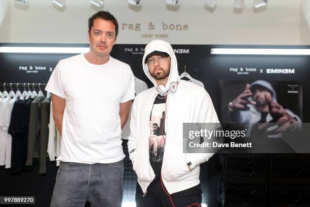 Marcus Wainwright and Eminem attend the rag & bone X Eminem London Pop-Up Opening on July 13, 2018 in London, England.