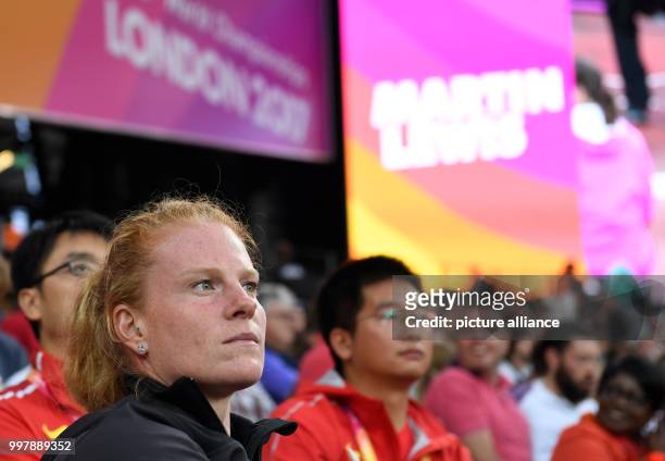 German former hammer thrower Betty Heidler watches the Women's hammer throw final at the IAAF World Championships in Athletics at the Olympic Stadium...