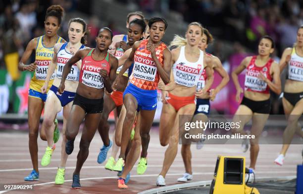 Kenyan athlete Faith Kipyegon in action during the women's 1500 meter final event at the IAAF London 2017 World Athletics Championships in London,...