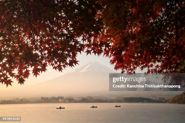 fuji mountain with a red maple cover beside kawaguchiko - fujikawaguchiko stock-fotos und bilder