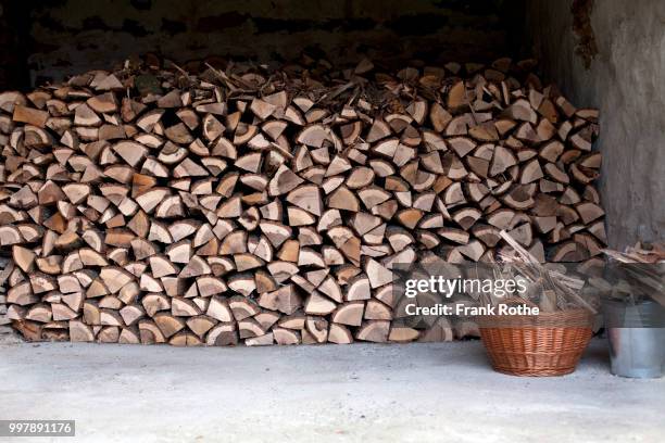 beautiful stacked wood in a shed - brennholz stock-fotos und bilder