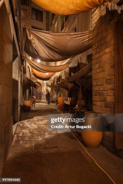 street in gothic district of barcelona at night - gothic sofa photos et images de collection