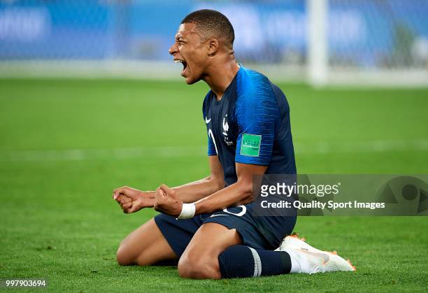 Kylian Mbappe of France celebrates at the end of the 2018 FIFA World Cup Russia Semi Final match between Belgium and France at Saint Petersburg...