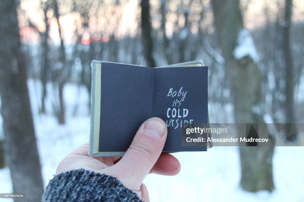 Baby its cold outside. Winter holiday lettering on the book.