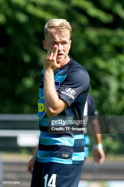 Pascal Koepke of Hertha BSC gestures during the TEDi-Cup match between Hertha BSC and MSV Duisburg on July 8, 2018 in Herne, Germany.