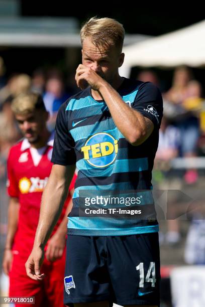 Pascal Koepke of Hertha BSC looks on during the TEDi-Cup match between Hertha BSC and MSV Duisburg on July 8, 2018 in Herne, Germany.