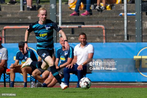 Dennis Jastrzembski of Hertha BSC controls the ball during the TEDi-Cup match between Hertha BSC and MSV Duisburg on July 8, 2018 in Herne, Germany.