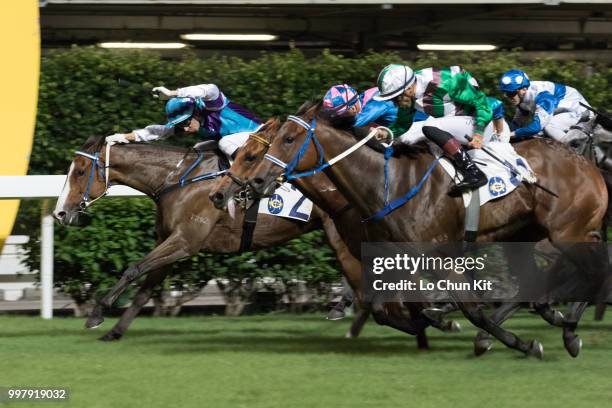 Jockey Joao Moreira riding Letsgofree wins the Race 1 Street Cat Handicap at Happy Valley Racecourse on July 11, 2018 in Hong Kong.