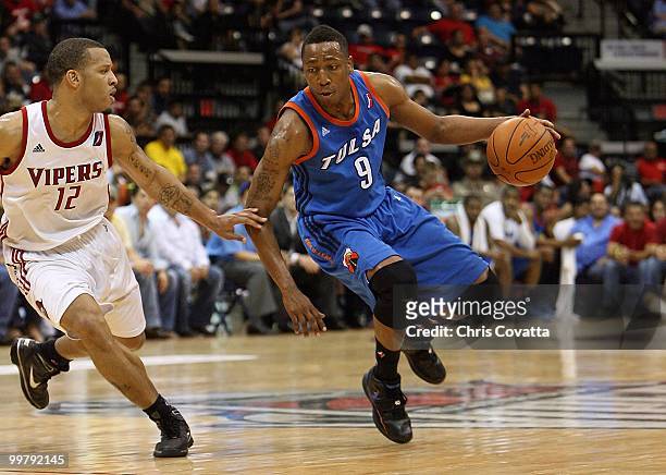 JaJuan Smith of theTulsa 66ers dribbles against Will Conroy of the Rio Grande Valley Vipers in Game Two of the 2010 NBA D-League Finals at the State...
