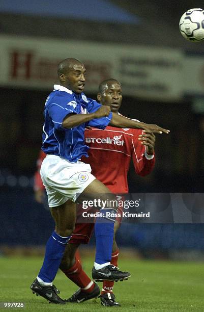 Dean Sturridge of Leicester holds off Ugo Ehiogu of Middlesbrough during the Leicester City v Middlesbrough FA Barclaycard Premiership match at...