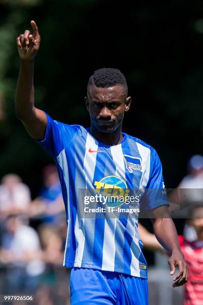 Salomon Kalou of Hertha BSC gestures during the TEDi-Cup match between Hertha BSC and Westfalia Herne on July 8, 2018 in Herne, Germany.