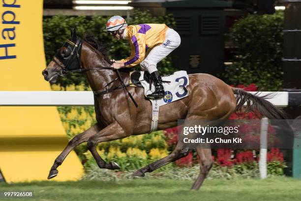 Jockey Zac Purton riding Saul's Special wins the Race 6 Let Me Fight Handicap at Happy Valley Racecourse on July 11, 2018 in Hong Kong.