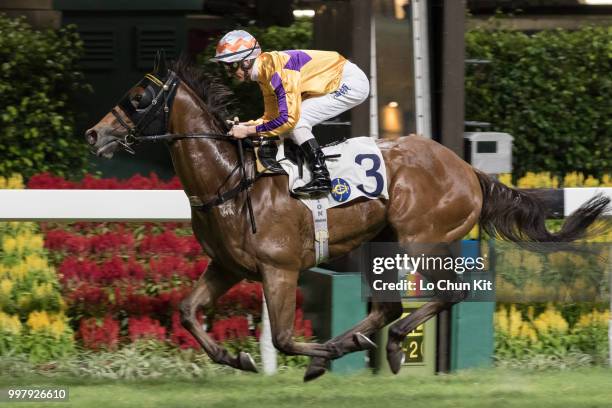 Jockey Zac Purton riding Saul's Special wins the Race 6 Let Me Fight Handicap at Happy Valley Racecourse on July 11, 2018 in Hong Kong.