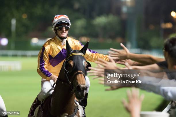 Jockey Zac Purton riding Saul's Special wins the Race 6 Let Me Fight Handicap at Happy Valley Racecourse on July 11, 2018 in Hong Kong.