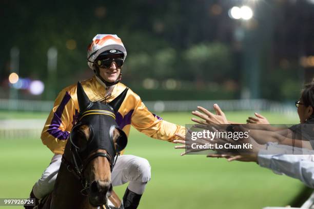 Jockey Zac Purton riding Saul's Special wins the Race 6 Let Me Fight Handicap at Happy Valley Racecourse on July 11, 2018 in Hong Kong.