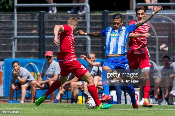 Maurie Temme of Westfalia Herne and Davie Selke of Hertha BSC battle for the ball during the TEDi-Cup match between Hertha BSC and Westfalia Herne on...