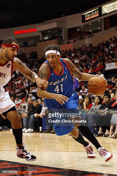 Deron Washington of theTulsa 66ers dribbles against the Rio Grande Valley Vipers in Game Two of the 2010 NBA D-League Finals at the State Farm Arena...