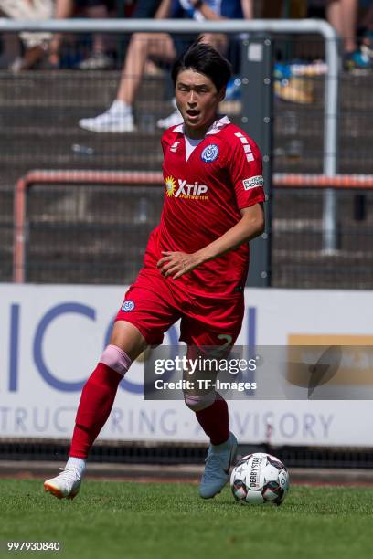 Young-jae Seo of Duisburg controls the ball during the TEDi-Cup match between MSV Duisburg and FC Bruenninghausen on July 8, 2018 in Herne, Germany.