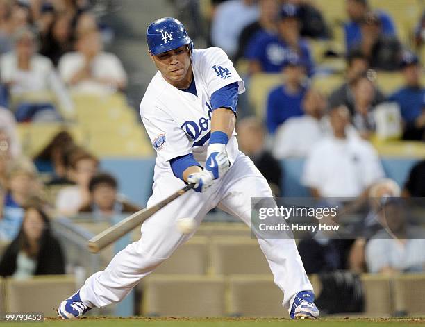 Russell Martin of the Los Angeles Dodgers at bat in the game aginst the Colorado Rockies at Dodger Stadium on May 7, 2010 in Los Angeles, California.