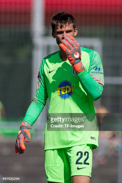 Goalkeeper Rune Jarstein of Hertha BSC gestures during the TEDi-Cup match between Hertha BSC and MSV Duisburg on July 8, 2018 in Herne, Germany.
