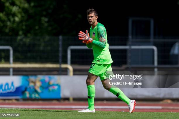 Goalkeeper Rune Jarstein of Hertha BSC looks on during the TEDi-Cup match between Hertha BSC and MSV Duisburg on July 8, 2018 in Herne, Germany.