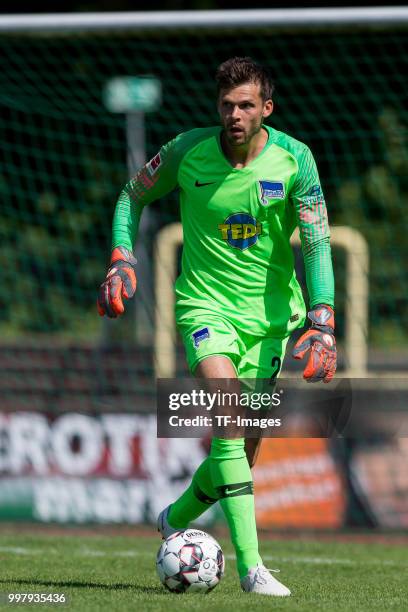 Goalkeeper Rune Jarstein of Hertha BSC controls the ball during the TEDi-Cup match between Hertha BSC and MSV Duisburg on July 8, 2018 in Herne,...