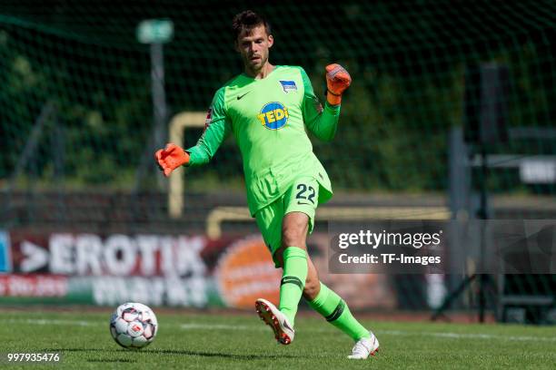 Goalkeeper Rune Jarstein of Hertha BSC controls the ball during the TEDi-Cup match between Hertha BSC and MSV Duisburg on July 8, 2018 in Herne,...